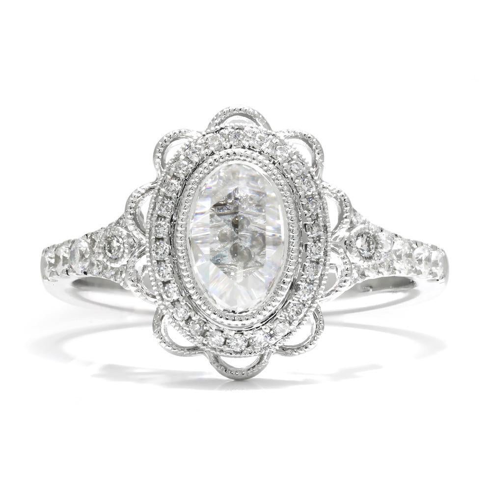 Oval Rose Cut Diamond Filigree Engagement Ring 18K .80ctw