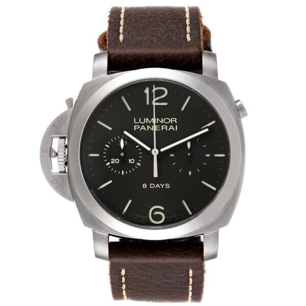 Panerai Luminor Monopulsante Left Handed (Reference PAM00345). A titanium manual wind wristwatch with chronograph and 8 day power reserve. 2012