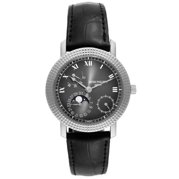 Patek Philippe Calatrava Cortina (Reference 5057G-010). A white gold automatic wristwatch with date, moonphase and power reserve. 2022