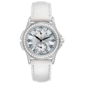 Patek Philippe Calatrava (Reference 4934G-001). A white gold diamond-set manual wind wristwatch with travel time.