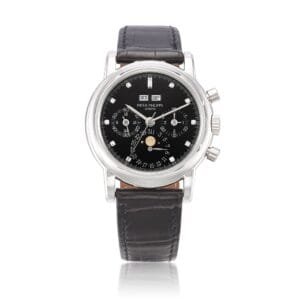Patek Philippe Grand Complications (Reference 3970). A platinum and diamond-set perpetual calendar chronograph wristwatch with moon phases and leap year indication. circa 1995