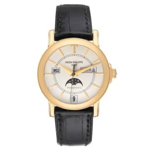 Patek Philippe Tiffany & Co. Annual Calendar (Reference 5150J). A yellow gold automatic wristwatch with day, date, month, and moonphase. 2001.