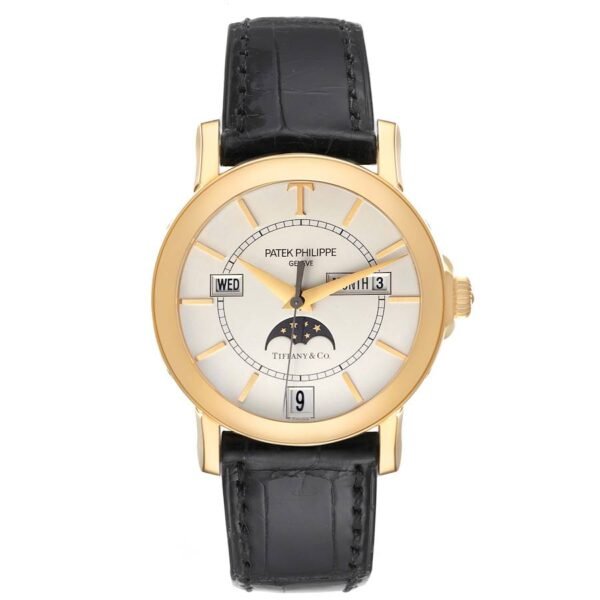 Patek Philippe Tiffany & Co. Annual Calendar (Reference 5150J). A yellow gold automatic wristwatch with day, date, month, and moonphase. 2001.