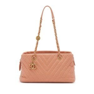 Peach Chevron Quilted Calfskin Medallion Charm Tote Gold Hardware, 2012