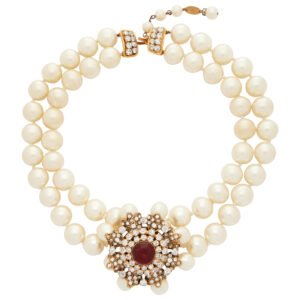 Pearl, Gold Metal, Crystal, and Red Gripoix Double Strand Necklace, 1984