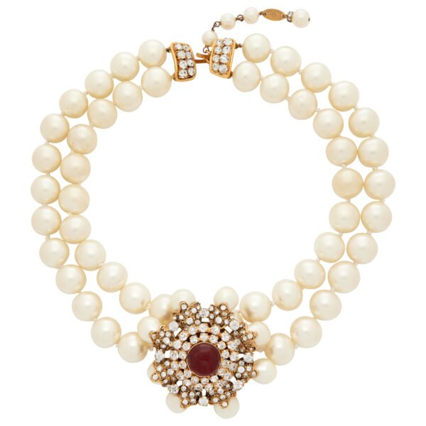 Pearl, Gold Metal, Crystal, and Red Gripoix Double Strand Necklace, 1984