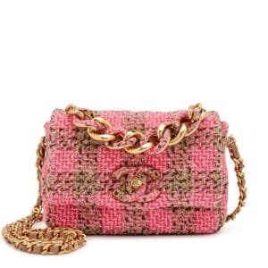 Pink and Beige Quilted Wool Tweed Small Elegant Chain Flap Gold Hardware, 2022