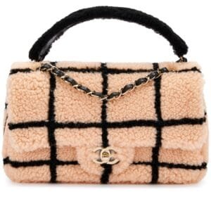 Pink and Black Shearling Flap Bag Pale Gold Hardware