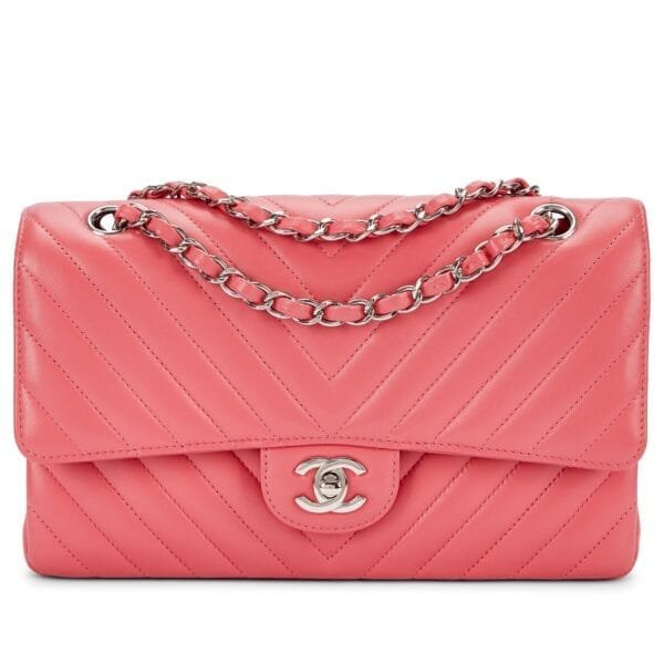Pink Chevron Lambskin Timeless Classic Double Flap Silver Hardware, 2018