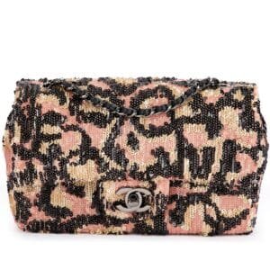 Pink, Gold and Black Sequins Leopard Mini Flap Bag Ruthenium Hardware