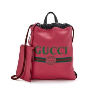 Pink Leather Logo Medium Drawstring Backpack