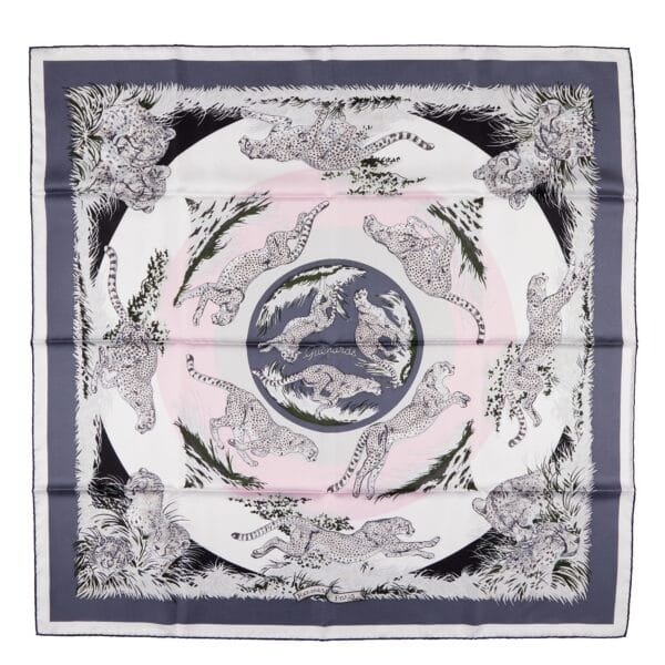 Pink, Purple, Black and White Silk Guepards Scarf by Robert Dallet 90
