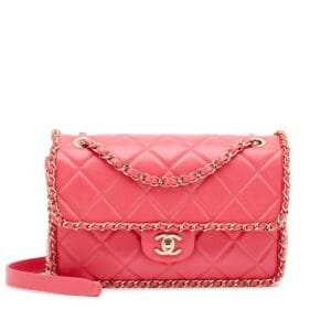 Pink Quilted Aged Calfskin Chain Around Single Flap Gold Hardware, 2020