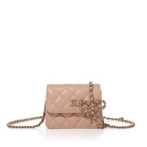 Pink Quilted Caviar Card Holder with Chain Pale Gold Hardware, 2023