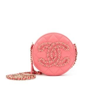 Pink Quilted Lambskin Leather CC Round Clutch with Chain Gold Hardware, 2020-2021