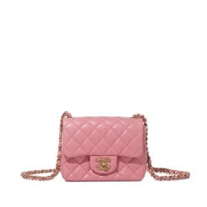 Pink Quilted Lambskin Mini Square Flap Bag Aged Gold Hardware, 2019