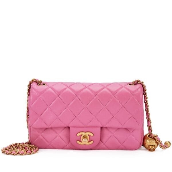 Pink Quilted Lambskin Pearl Brush Flap Bag Aged Gold Hardware, 2019