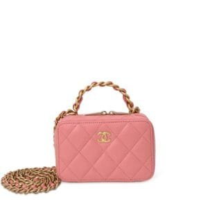 Pink Quilted Lambskin Top Handle Vanity Case Aged Gold Hardware, 2022