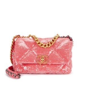 Pink Quilted Sequin Chanel 19 Flap Brushed Gold, Silver and Ruthenium Hardware, 2020