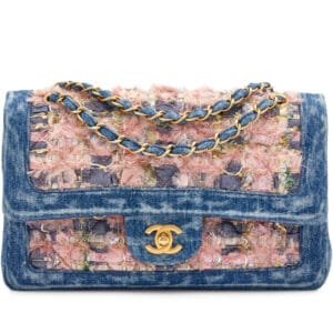 Pink, Silver, and Gold Tweed and Denim Medium Classic Double Flap Gold Hardware, 2016
