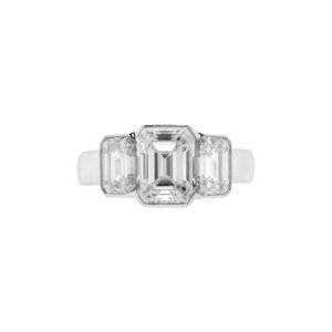 Platinum, 2.24ct Emerald Cut Diamond and Diamond Three Stone Engagement Ring