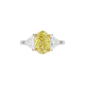 Platinum, 2.69ct Oval Cut Fancy Intense Yellow Diamond and Diamond Engagement Ring