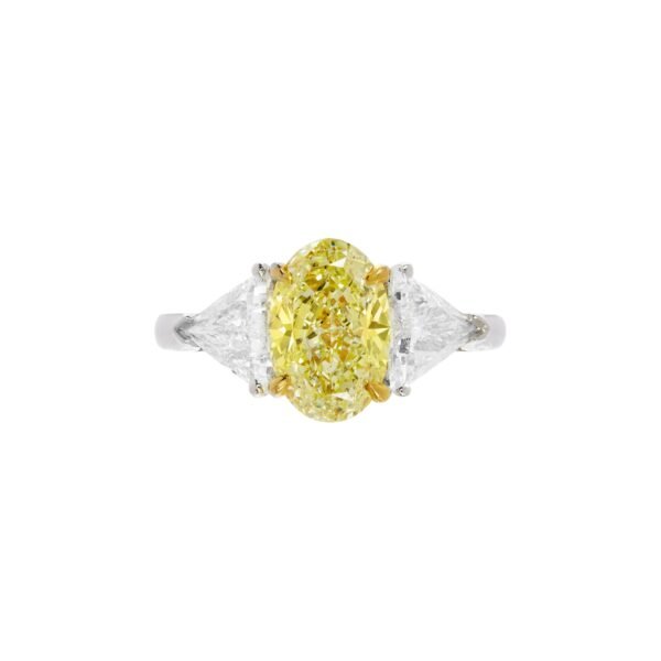 Platinum, 2.69ct Oval Cut Fancy Intense Yellow Diamond and Diamond Engagement Ring
