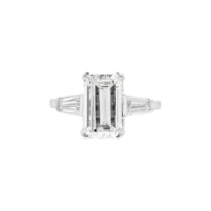 Platinum, 3.08ct Emerald Cut Diamond and Diamond Engagement Ring