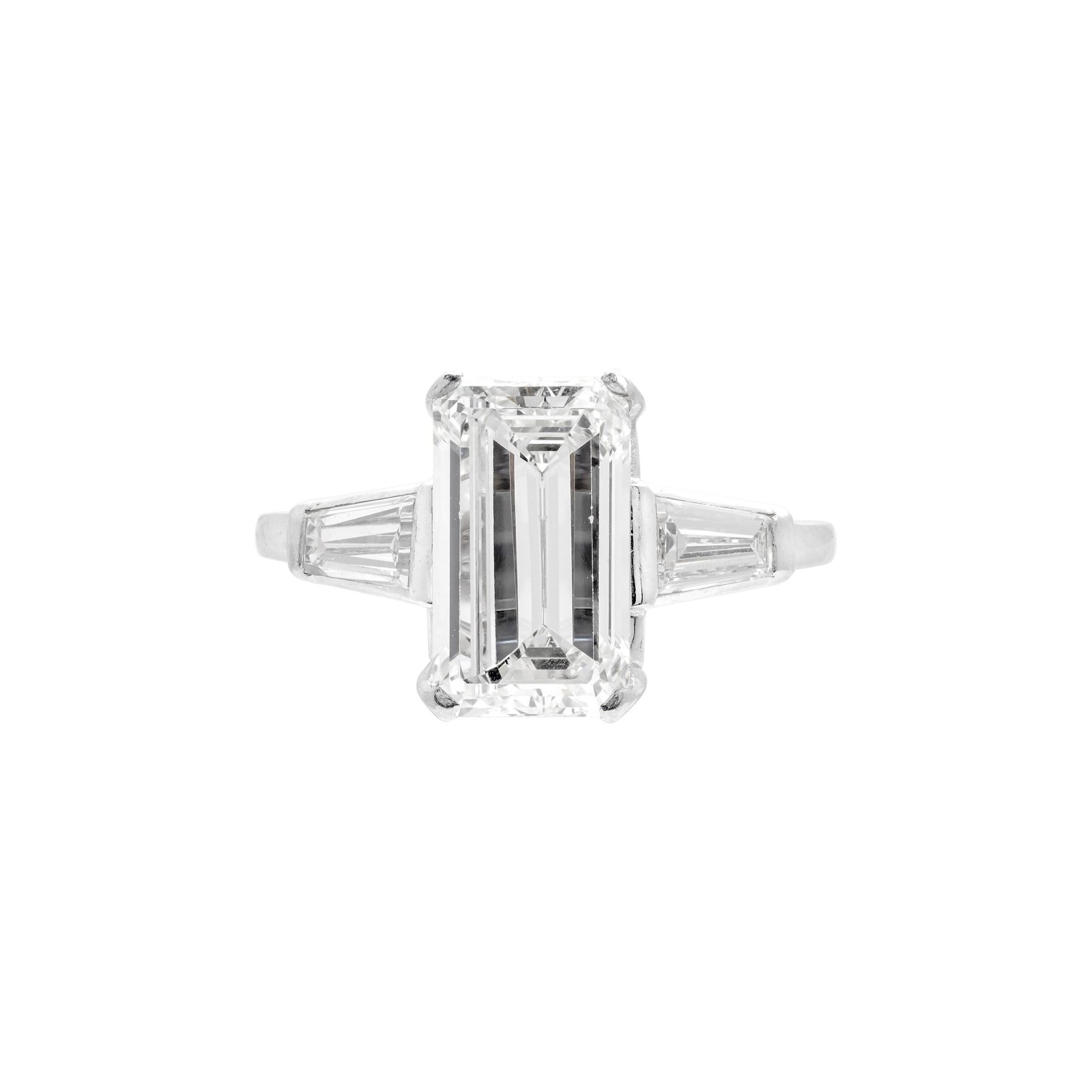 Platinum, 3.08ct Emerald Cut Diamond and Diamond Engagement Ring