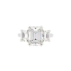 Platinum, 4.02ct Emerald Cut Diamond and Diamond Three Stone Engagement Ring