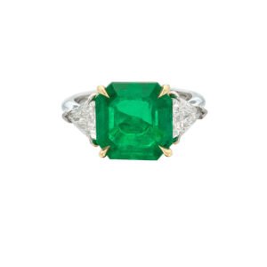 Platinum, 5.11ct Emerald Cut Colombian Emerald and Diamond Three Stone Ring