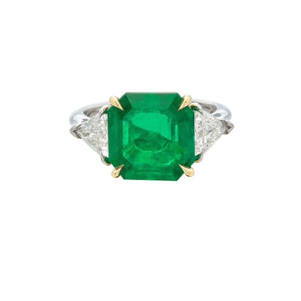 Platinum, 5.11ct Emerald Cut Colombian Emerald and Diamond Three Stone Ring