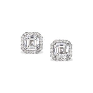 Platinum and 1.41ct Asscher Cut Diamond and Diamond Halo Stud Earrings
