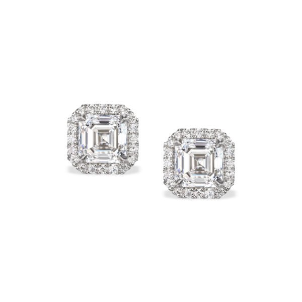 Platinum and 1.41ct Asscher Cut Diamond and Diamond Halo Stud Earrings