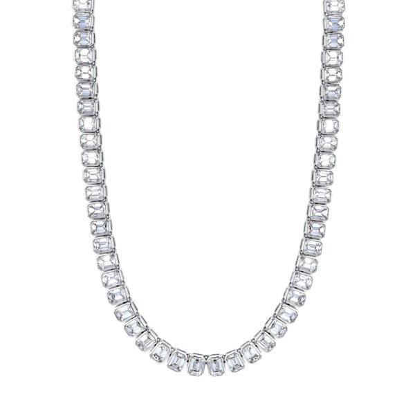 Platinum and 34.00ctw Emerald Cut Diamond Bezel Tennis Necklace