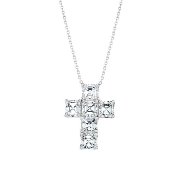 Platinum and 4.54ctw Asscher Cut Diamond Cross Pendant Necklace