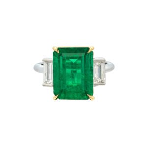 Platinum and 4.93ct Emerald Cut Colombian Emerald and Diamond Three Stone Ring