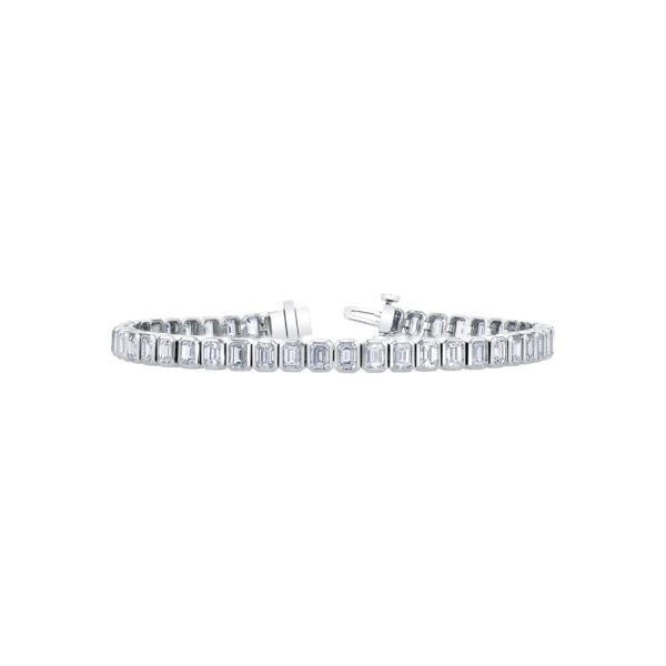 Platinum and 9.60ctw Emerald Cut Diamond Bezel Tennis Bracelet