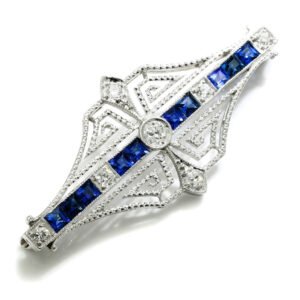 Platinum Art Deco Diamond Brooch Pin with Sapphires Vintage