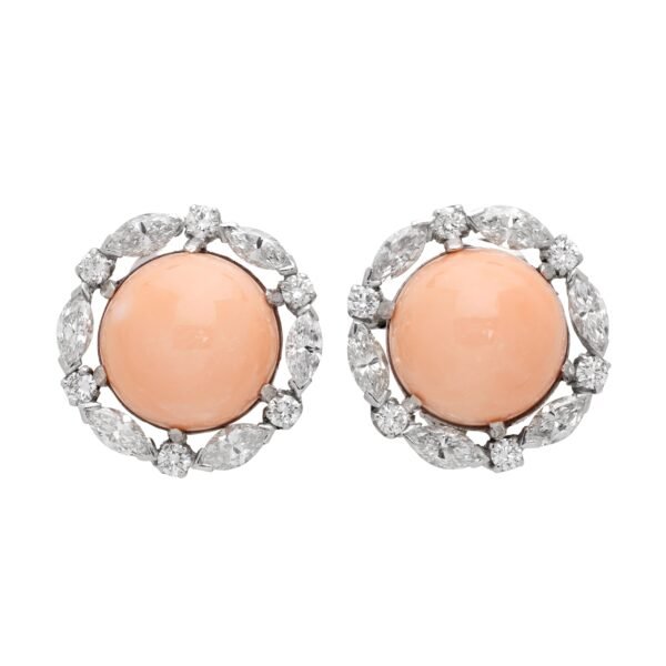 Platinum, Coral and Diamond Earclips