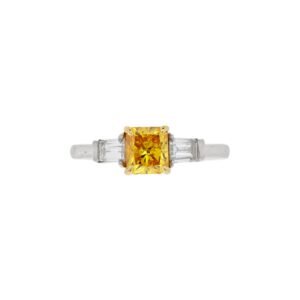 Platinum, Gold, 1.03ct Radiant Cut Fancy Vivid Orange Yellow Diamond and Diamond Engagement Ring