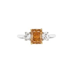 Platinum, Gold, 1.25ct Fancy Intense Yellowish Orange Diamond and Diamond Three Stone Engagement Ring