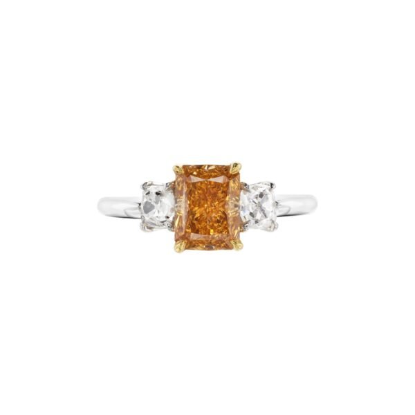Platinum, Gold, 1.25ct Fancy Intense Yellowish Orange Diamond and Diamond Three Stone Engagement Ring