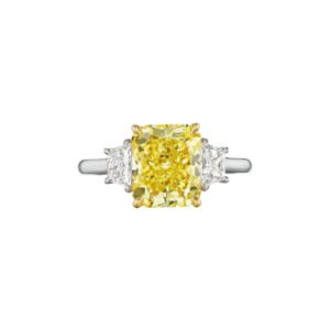 Platinum, Gold, 1.84ct Radiant Cut Fancy Intense Yellow Diamond and Diamond Three Stone Ring