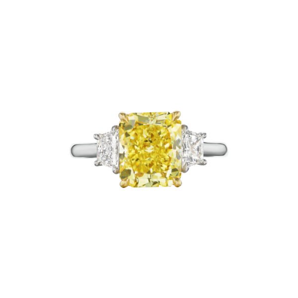 Platinum, Gold, 1.84ct Radiant Cut Fancy Intense Yellow Diamond and Diamond Three Stone Ring
