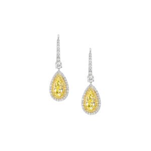 Platinum, Gold, 2.27ct Pear Cut Fancy Intense Yellow Diamonds and Diamond Drop Earrings