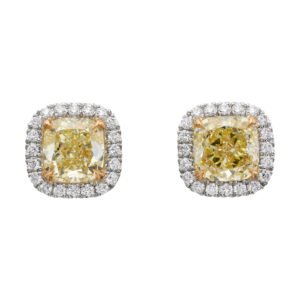 Platinum, Gold, 2.62ctw Cushion Cut Fancy Yellow Diamond and Diamond Stud Earrings