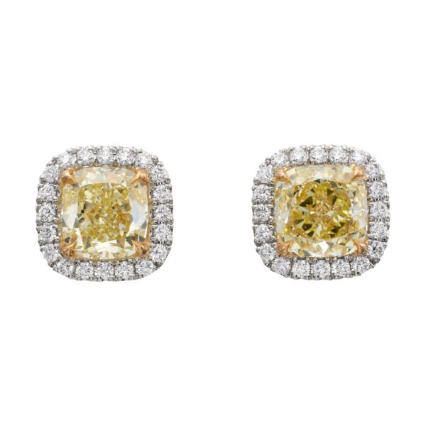 Platinum, Gold, 2.62ctw Cushion Cut Fancy Yellow Diamond and Diamond Stud Earrings