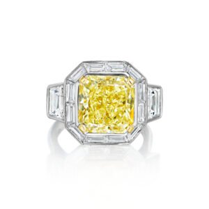 Platinum, Gold, 7.43ct Radiant Cut Fancy Light Yellow Diamond and Diamond Engagement Ring