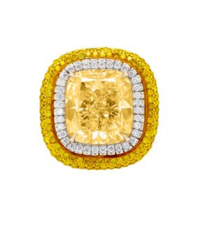 Platinum, Gold, 8.56ct Cushion Cut Fancy Yellow Diamond and Diamond Engagement Ring